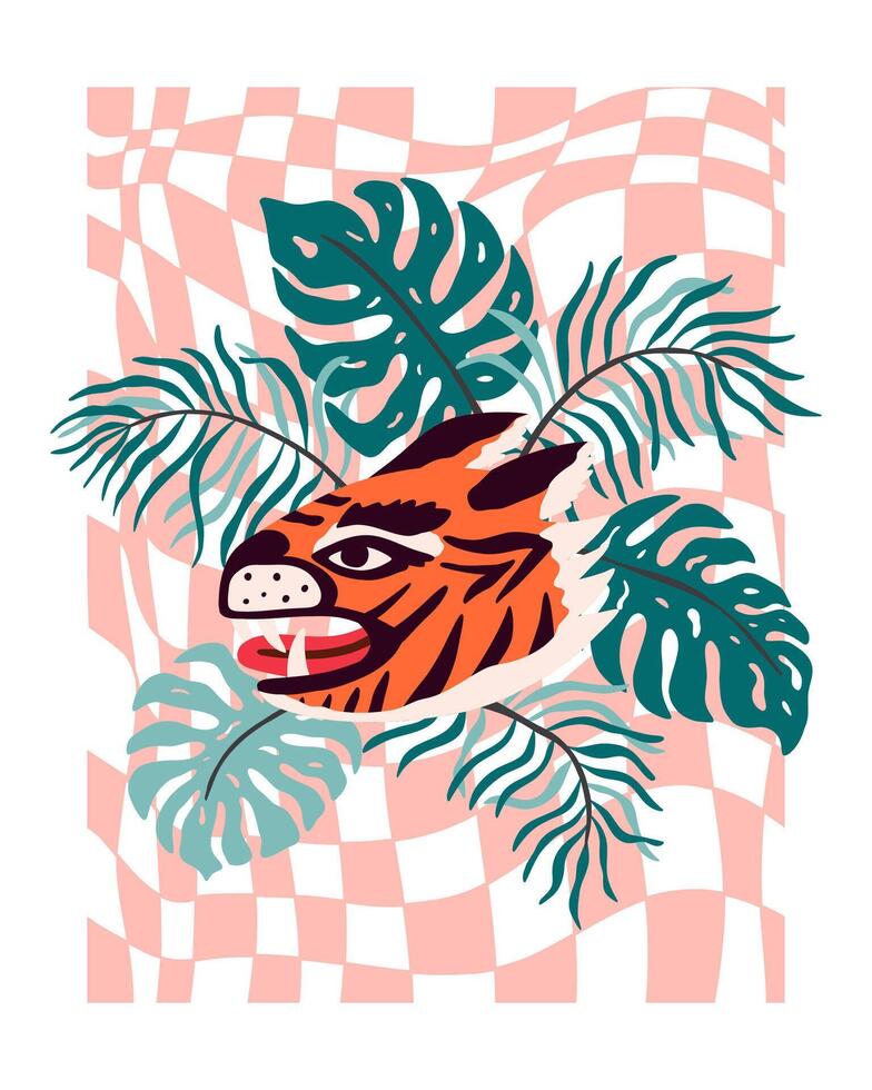 Hipster retro chess pattern with tiger and banana, palm leaves. A collection of groovy cliparts from 70s, 60s. Abstract design of cartoon stickers. vector