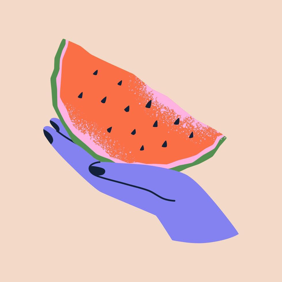 Hand holding a slice of watermelon. Hand drawn illustration for poster, card, print. Elements isolated on background. vector