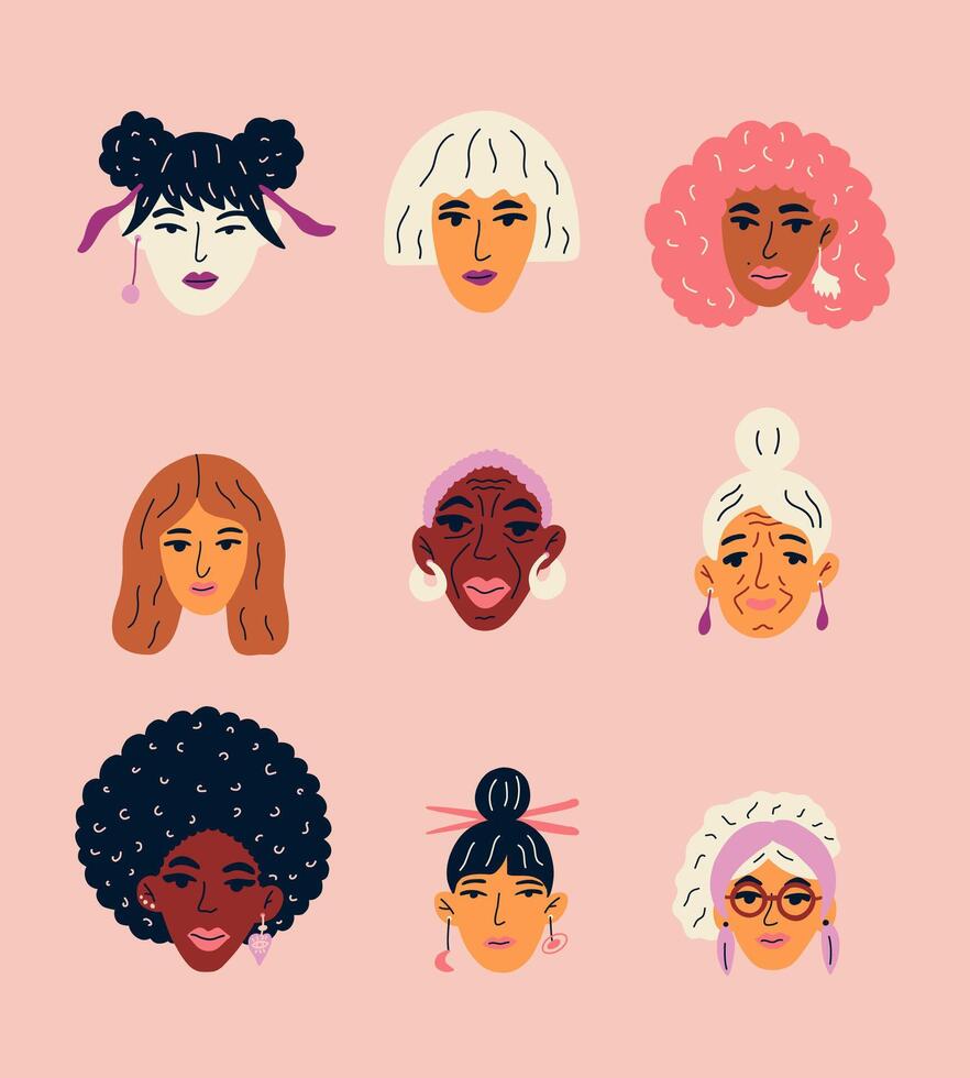Concept of diversity with the heads of women of different races and ages. Multiethnic group of beautiful women with various faces. Cartoon print for t shirt, postcard, banner. vector