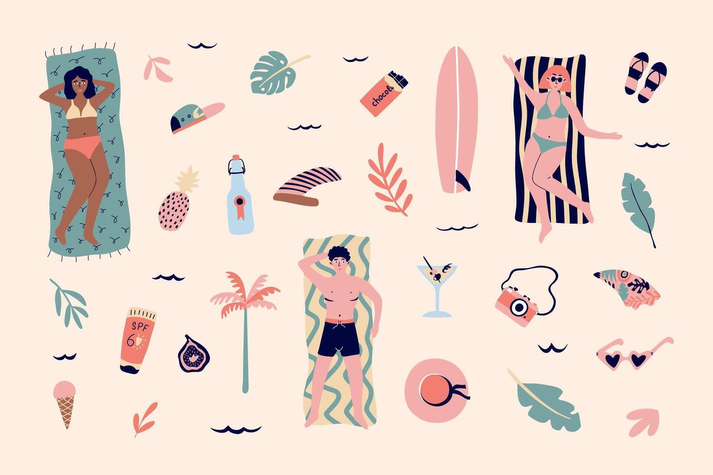 Summer bundle. Women and man relaxing on beach towels. Summer vacation elements with surf, cocktail, hat, ice cream, camera, palm tree. Set cartoon illustration. vector