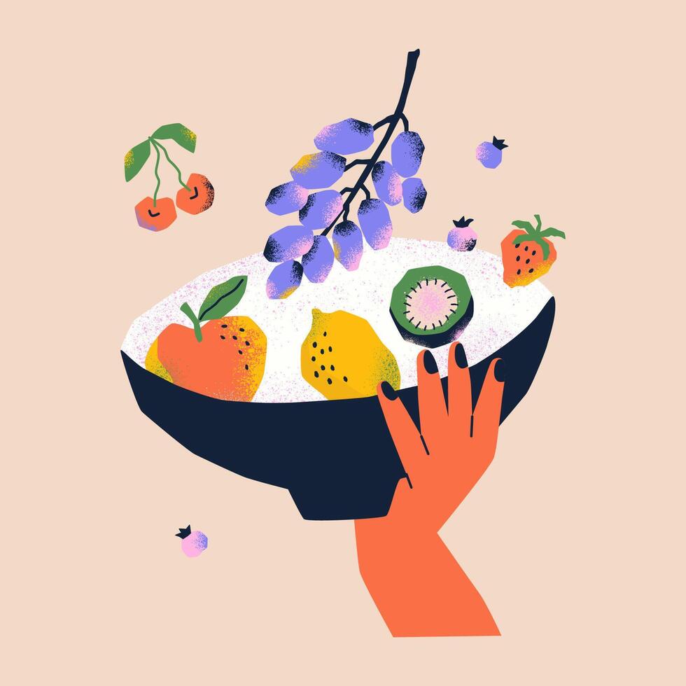 Hand holding a bowl of fruit salad. Healthy food with grapes, lemon, blueberry, kiwi. Hand drawn illustration for print, menu, poster. vector