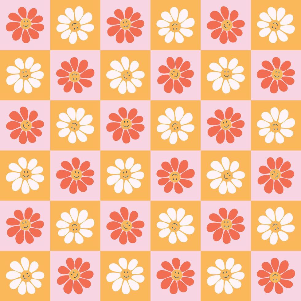 Retro daisy seamless pattern. Vintage checkerboard floral background. Cool funky smiling flowers. Hand drawn naive art illustration. vector