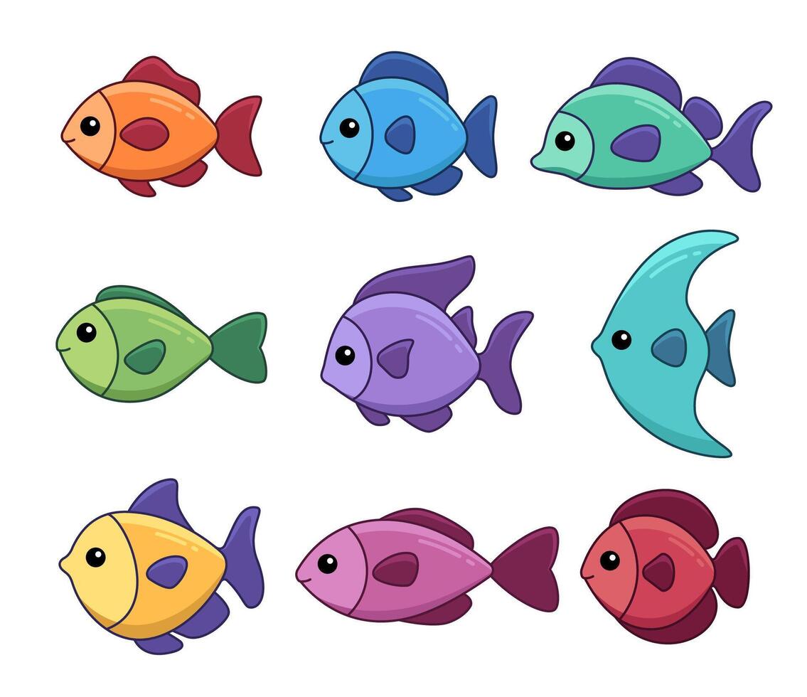 Fishes, set of simple children cartoon illustrations, kawaii drawings vector