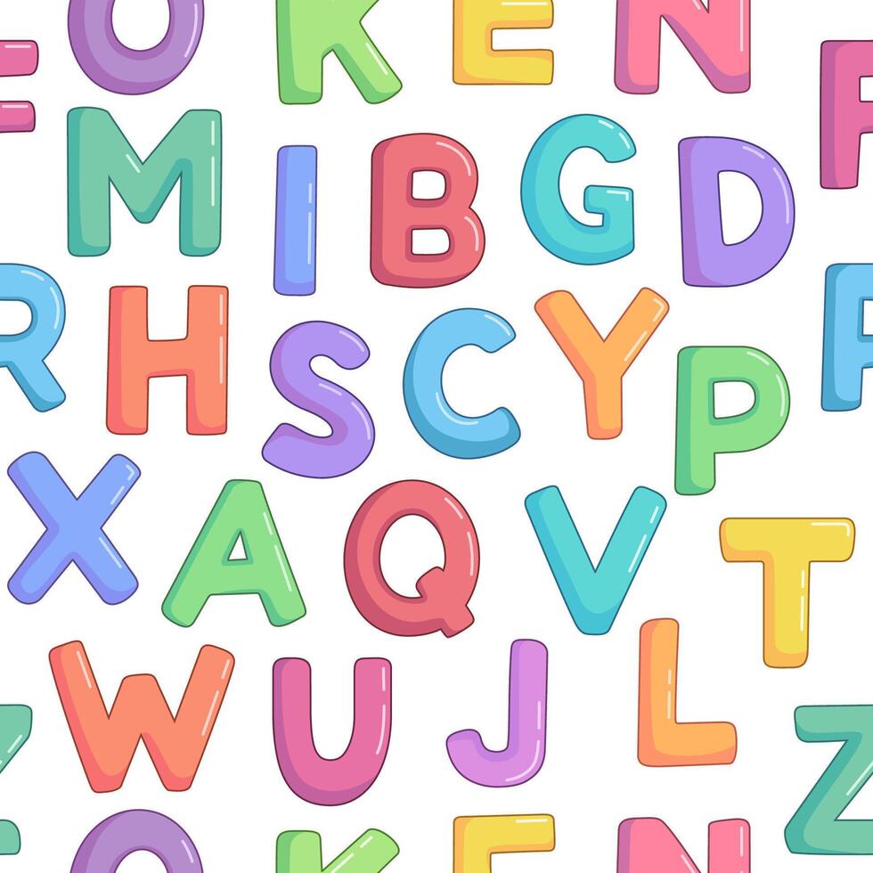 Cartoon alphabet, letters seamless pattern, background. Cute children doodle illustratons vector