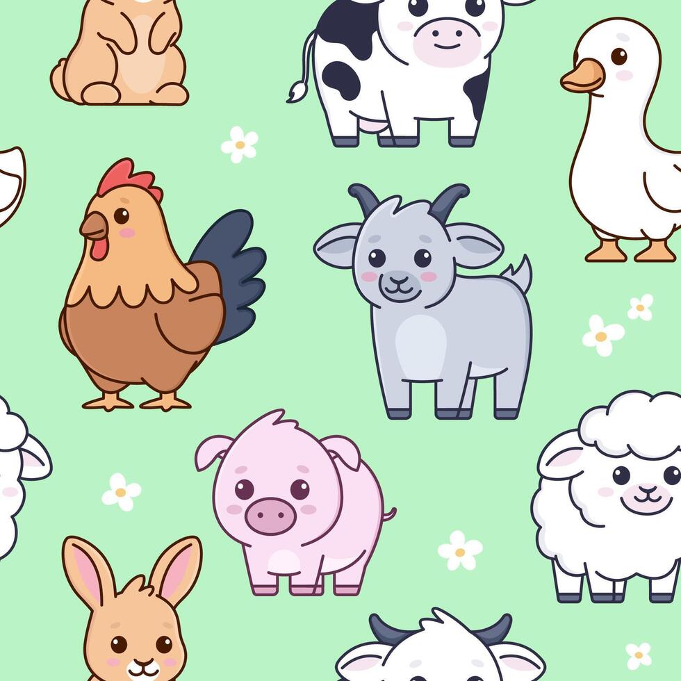Farm animals seamless pattern, background. Cute cartoon children illustrations, kawaii drawings vector