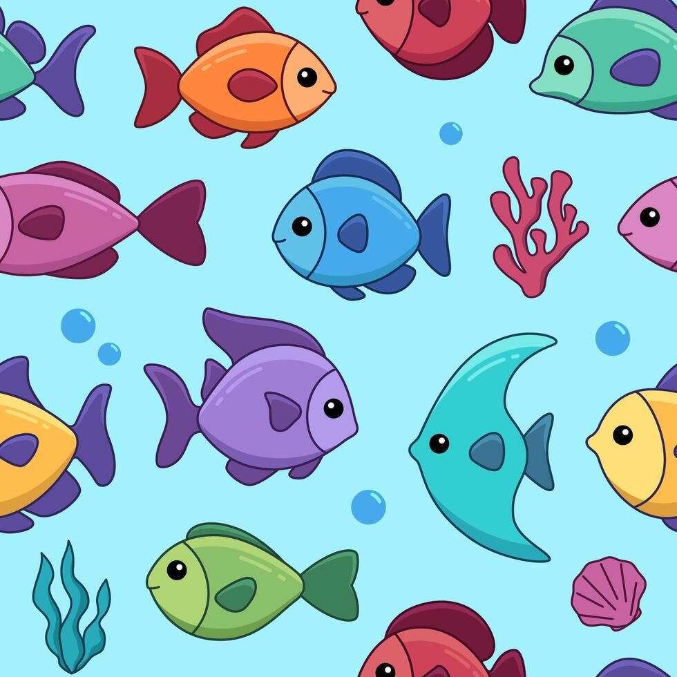 Fishes seamless pattern, background. Simple children cartoon illustrations, kawaii drawings vector