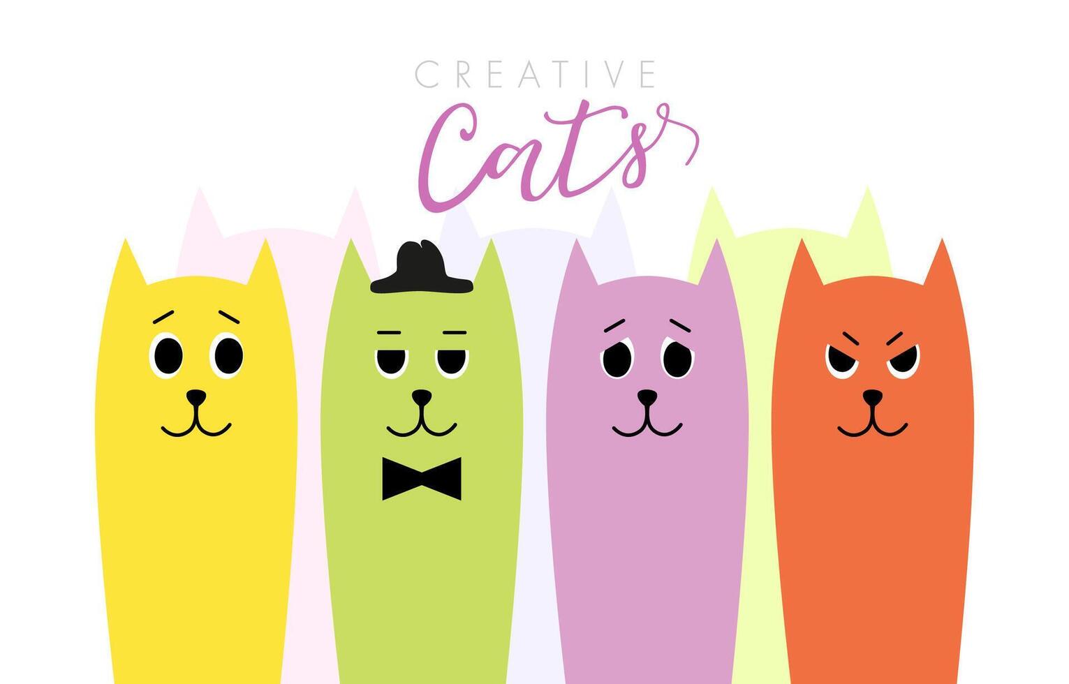 Cute greeting card with creative cartoon cats. Set of cat emoticons. Colorful concept. Party invitation template. Editable design with clipping mask. Social network or blogging banner for all fans. vector