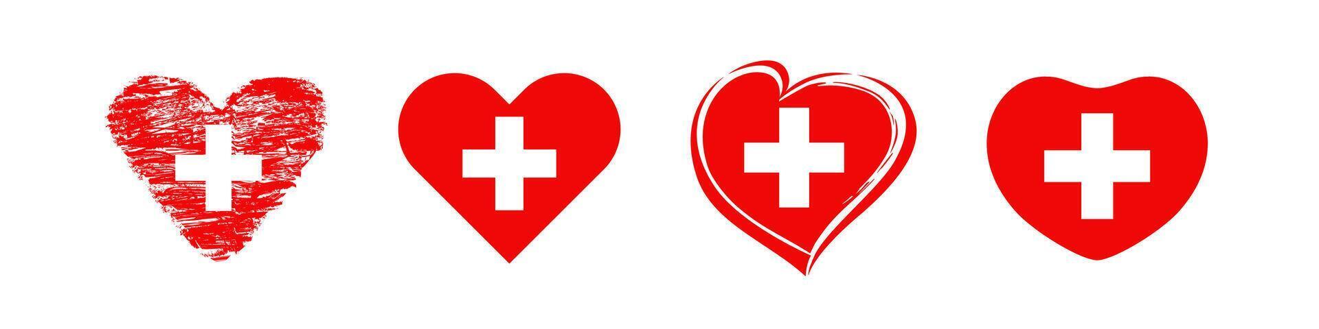Set of creative heart shapes with flag of Switzerland. Collection of Swiss icons. Isolated template for sports or travel business. Holiday emblem. Happy National Day congrats concept. T shirt graphic. vector