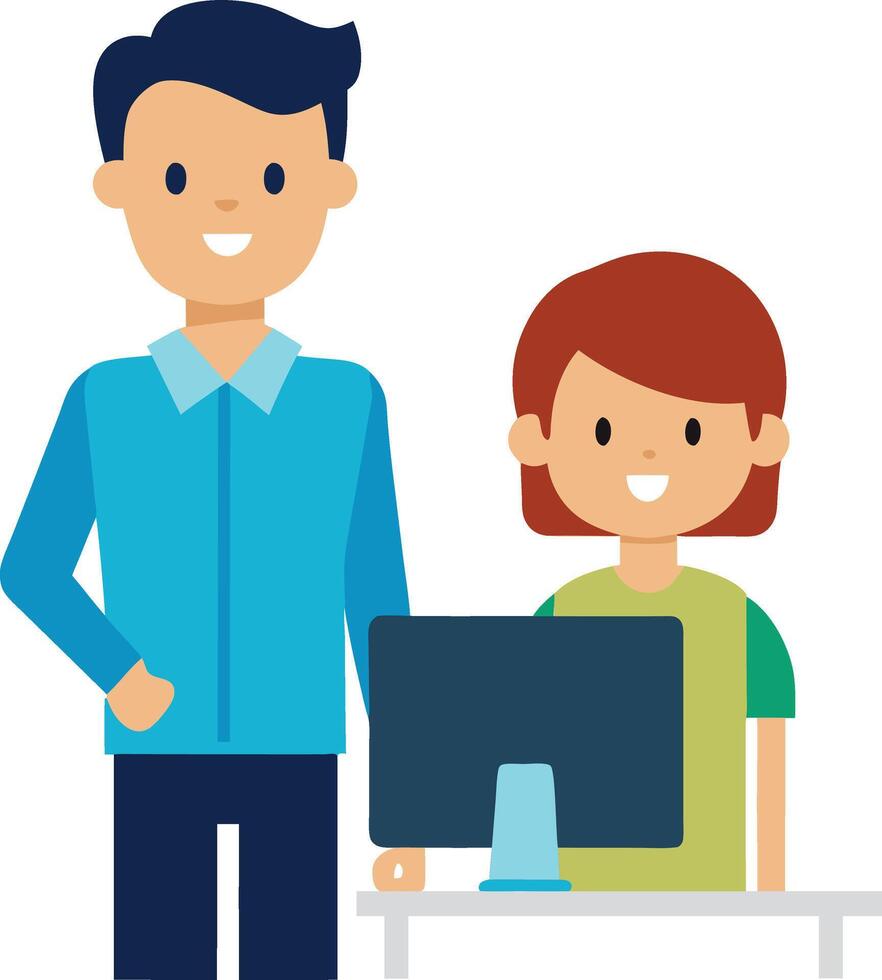 Teacher and student in front of pc vector