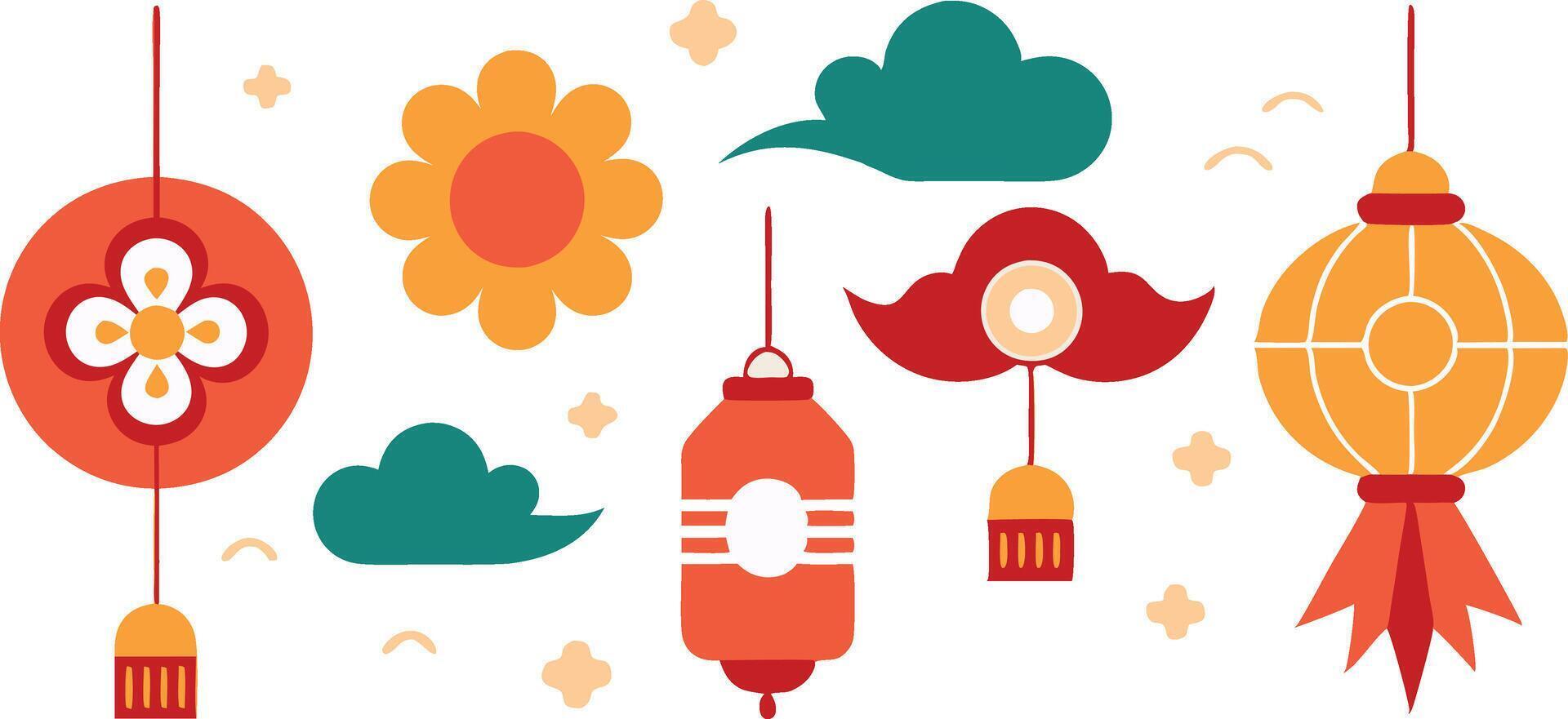 Chinese traditional patterns, flowers, lanterns, clouds, elements and ornaments. decorative jewelry collection in Chinese vector