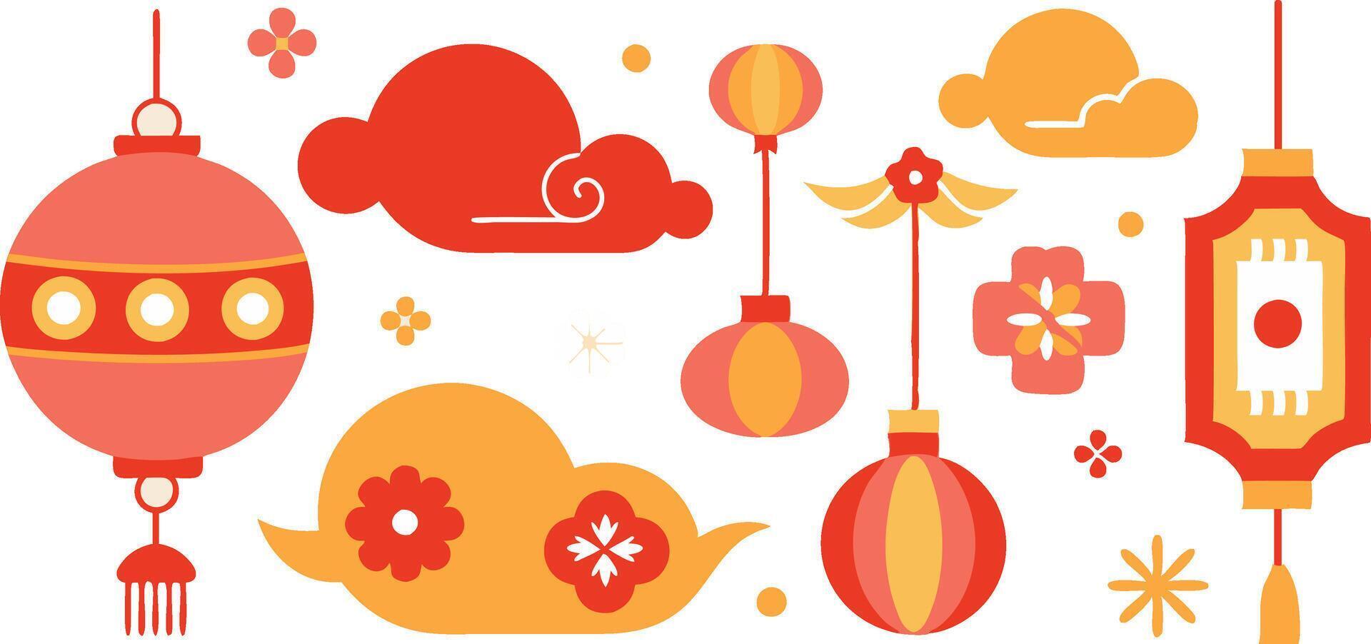 Chinese traditional patterns, flowers, lanterns, clouds, elements and ornaments. decorative jewelry collection in Chinese vector
