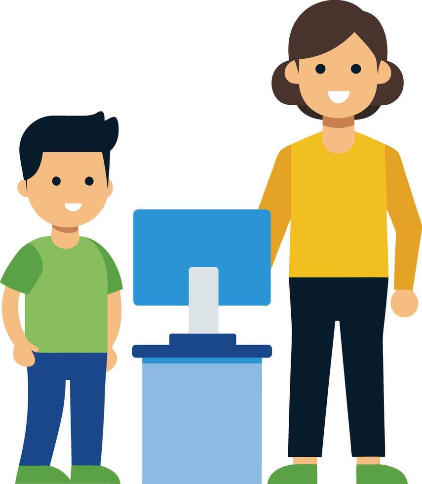 Teacher and student in front of pc vector