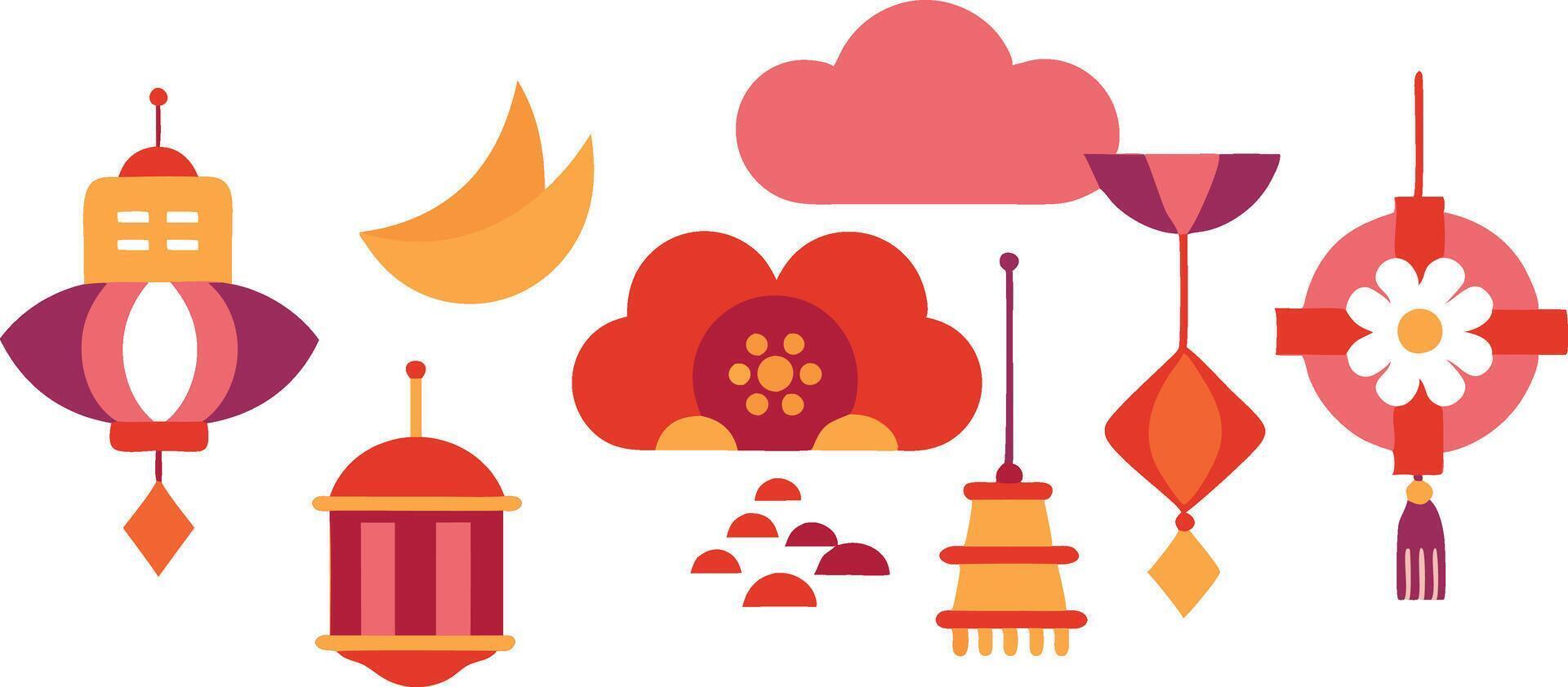 Chinese traditional patterns, flowers, lanterns, clouds, elements and ornaments. decorative jewelry collection in Chinese vector