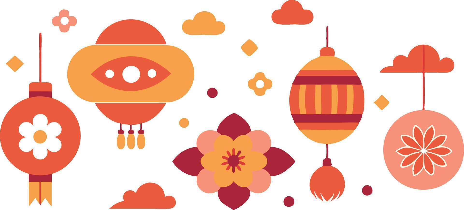Chinese traditional patterns, flowers, lanterns, clouds, elements and ornaments. decorative jewelry collection in Chinese vector