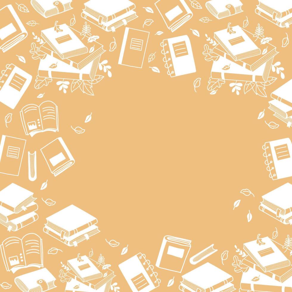 Cozy Autumn card. Books, notebooks, magazines, stacks of folded literature and leaves. Square autumnal poster in hand drawn doodle style. vector