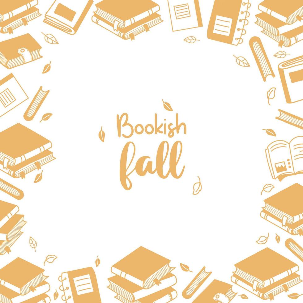 Autumn card with books and magazines, stacks of folded literature and leaves. Square autumnal poster in hand drawn doodle style. vector