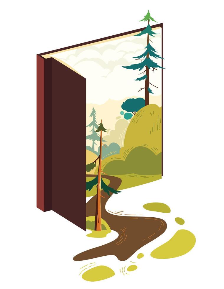 Open book with nature illustration in it. Fantasy picture book, storytelling vector
