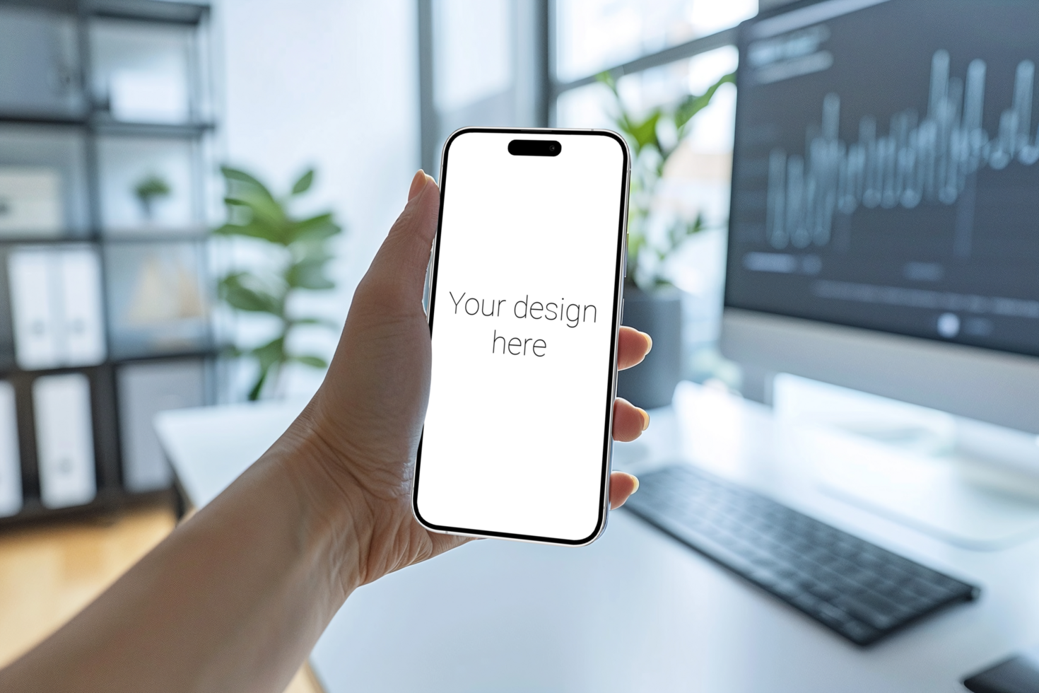 Mockup of white smartphone in person's hand Person in office psd