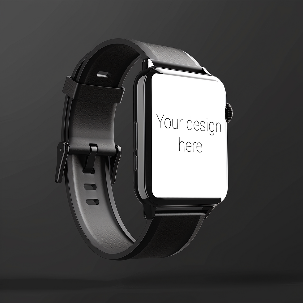 Mockup of black smart watch with black strap on black background psd
