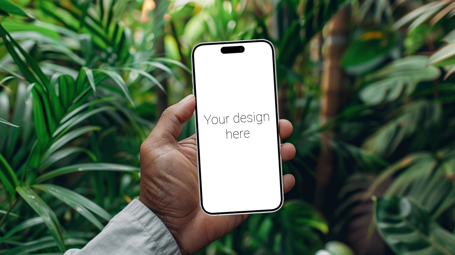 Mockup of white smartphone in person's hand Plants on background psd