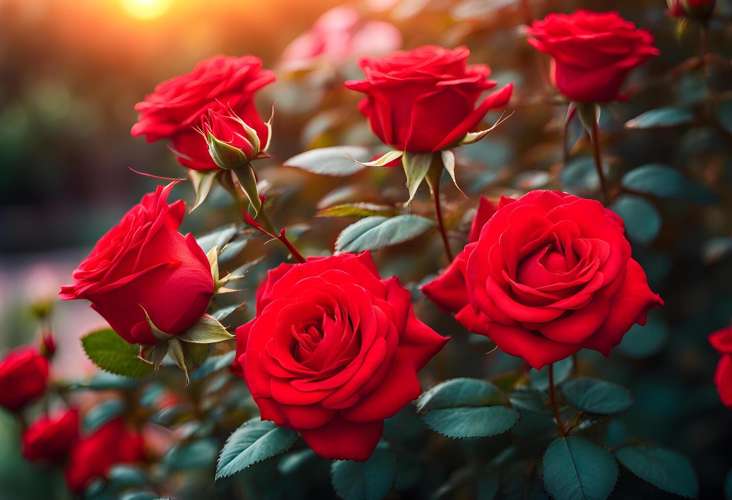 A perfect red rose stands against the soft blur of a sunset garden background photo
