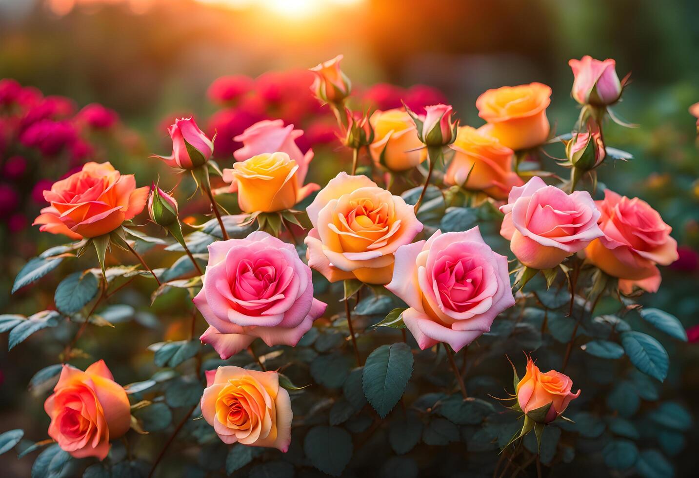 A perfect red rose stands against the soft blur of a sunset garden background photo