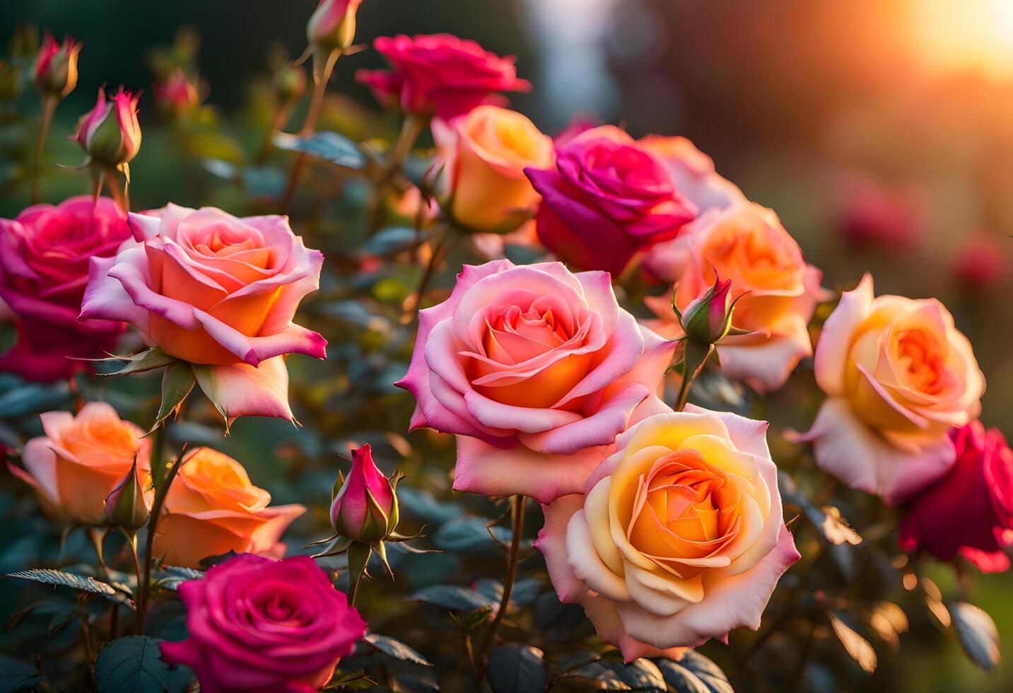 A perfect red rose stands against the soft blur of a sunset garden background photo