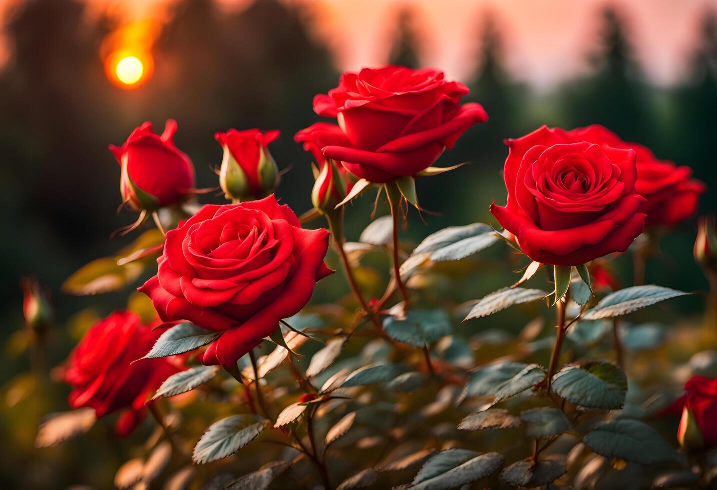 A perfect red rose stands against the soft blur of a sunset garden background photo