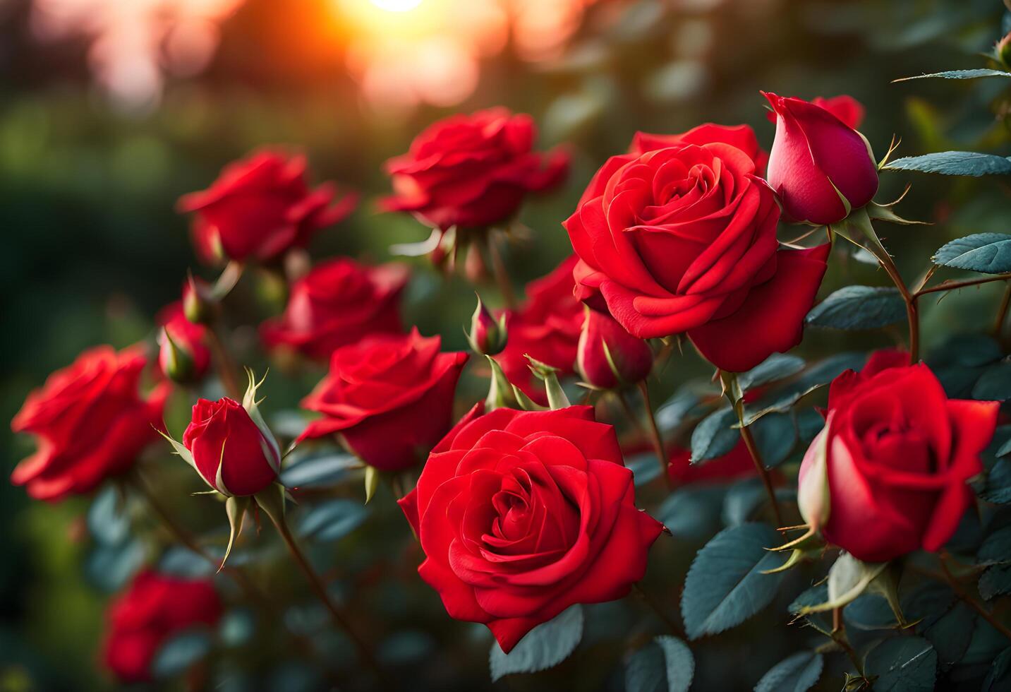 A perfect red rose stands against the soft blur of a sunset garden background photo