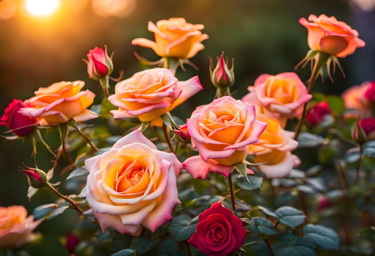 A perfect red rose stands against the soft blur of a sunset garden background photo