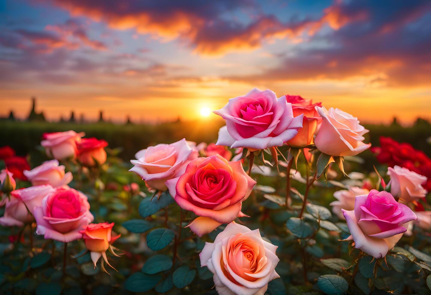 A perfect red rose stands against the soft blur of a sunset garden background photo