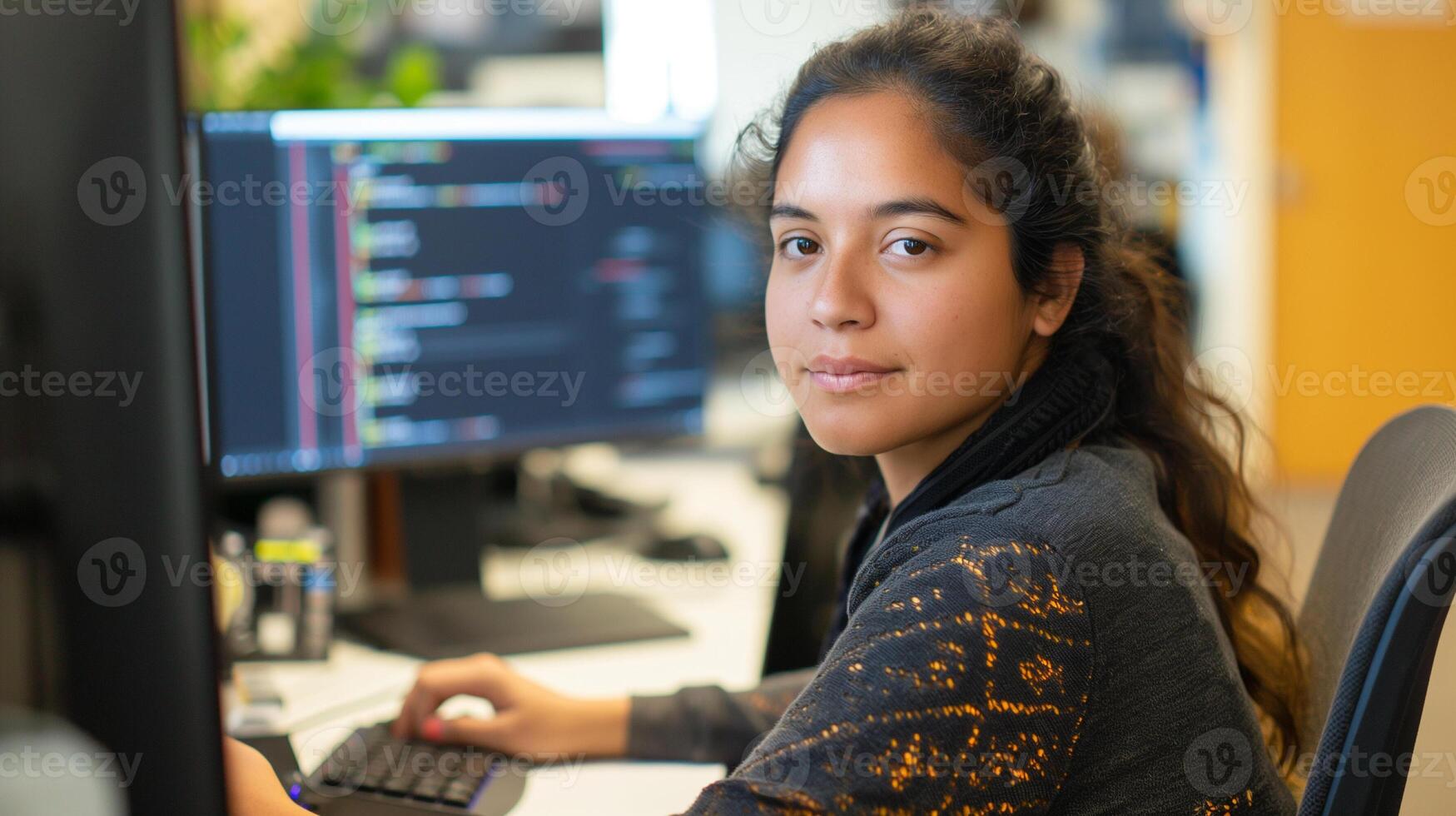 Female programmer at work, woman coding and sitting in front of a monitor at a computer photo