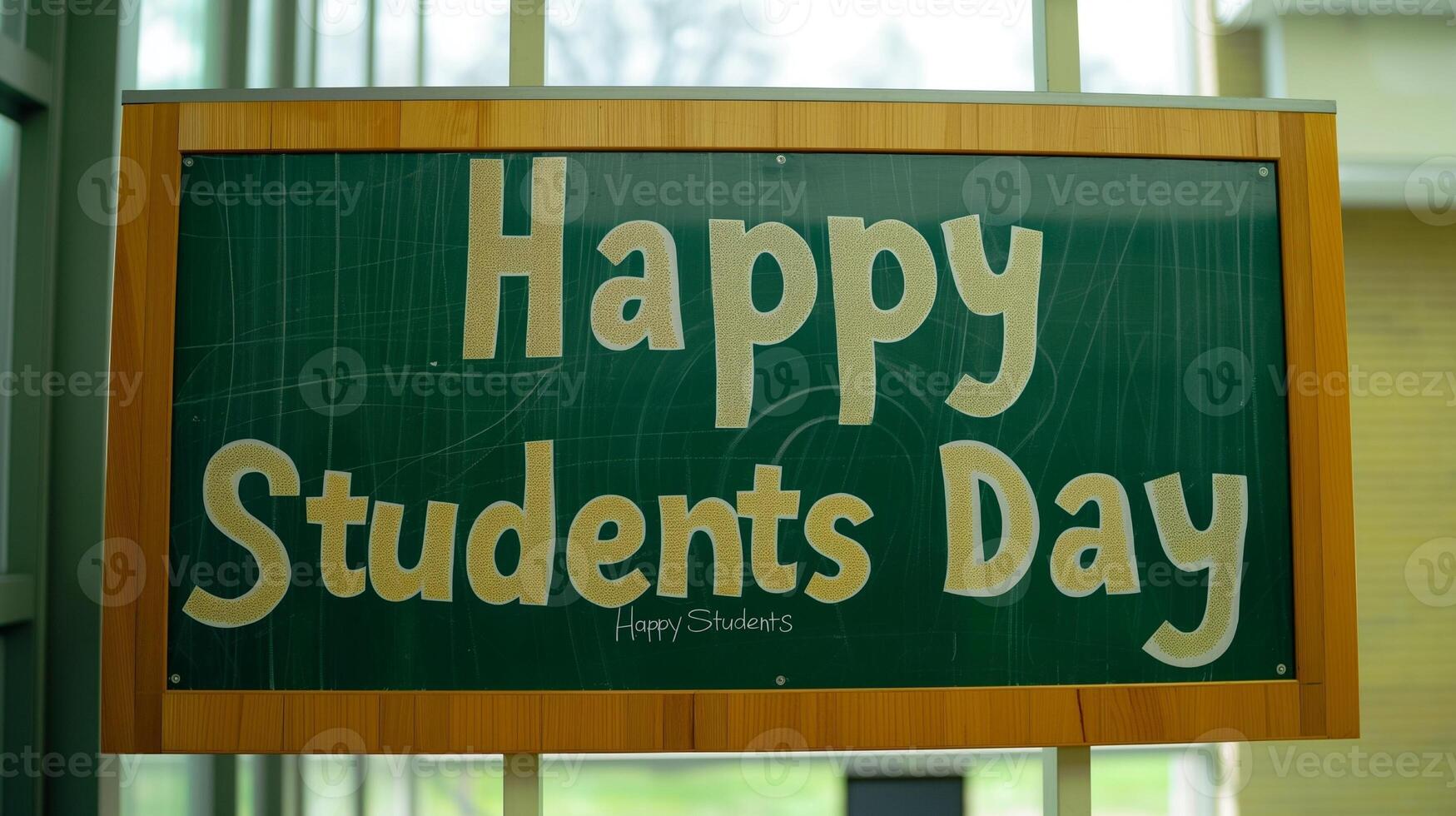 Happy Students Day yellow text on green school board in classroom photo