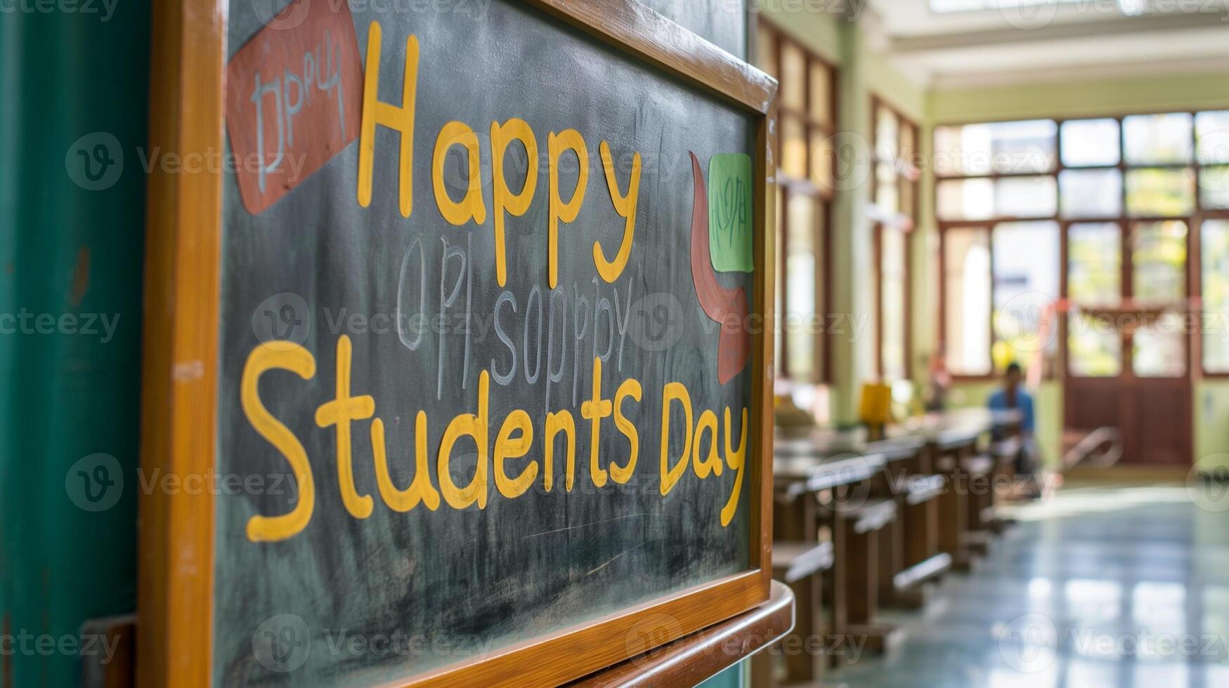 Happy Students Day yellow text on green school board in classroom photo