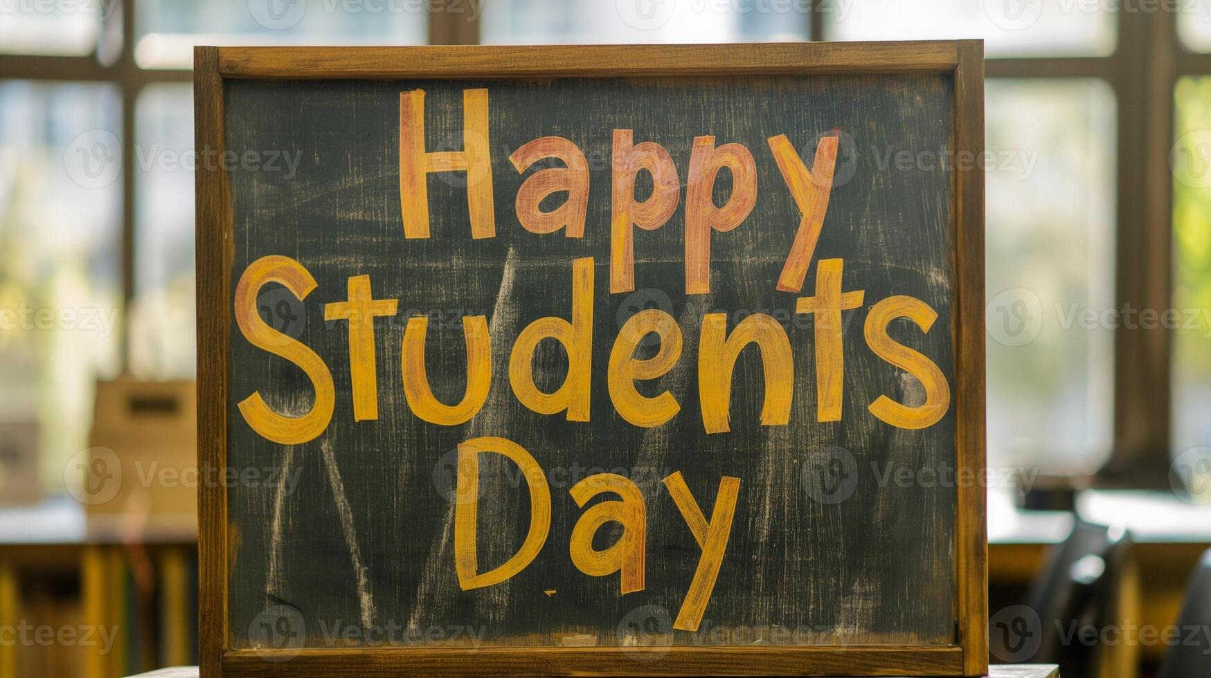 Happy Students Day yellow text on green school board in classroom photo