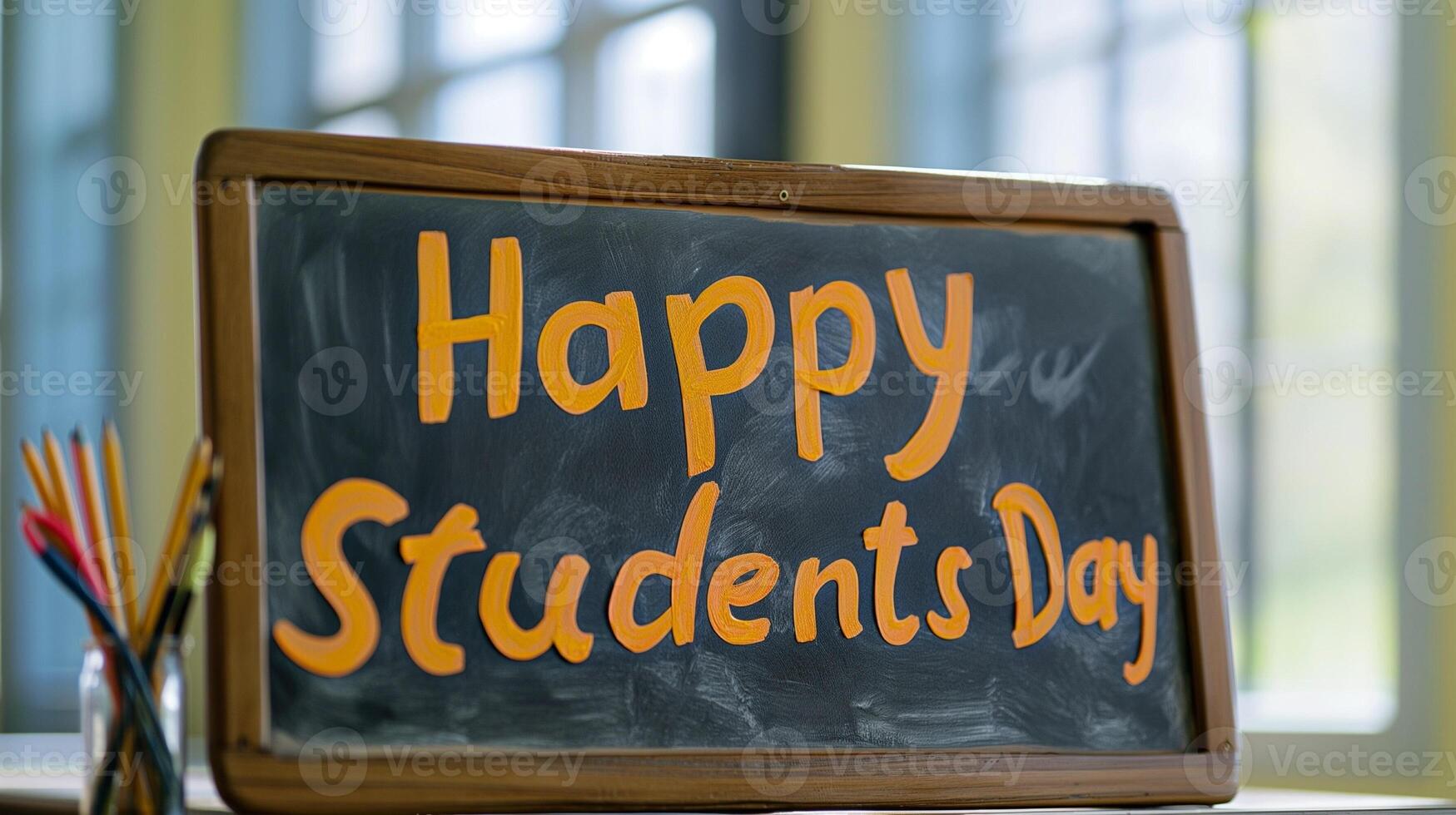 Happy Students Day yellow text on green school board in classroom photo