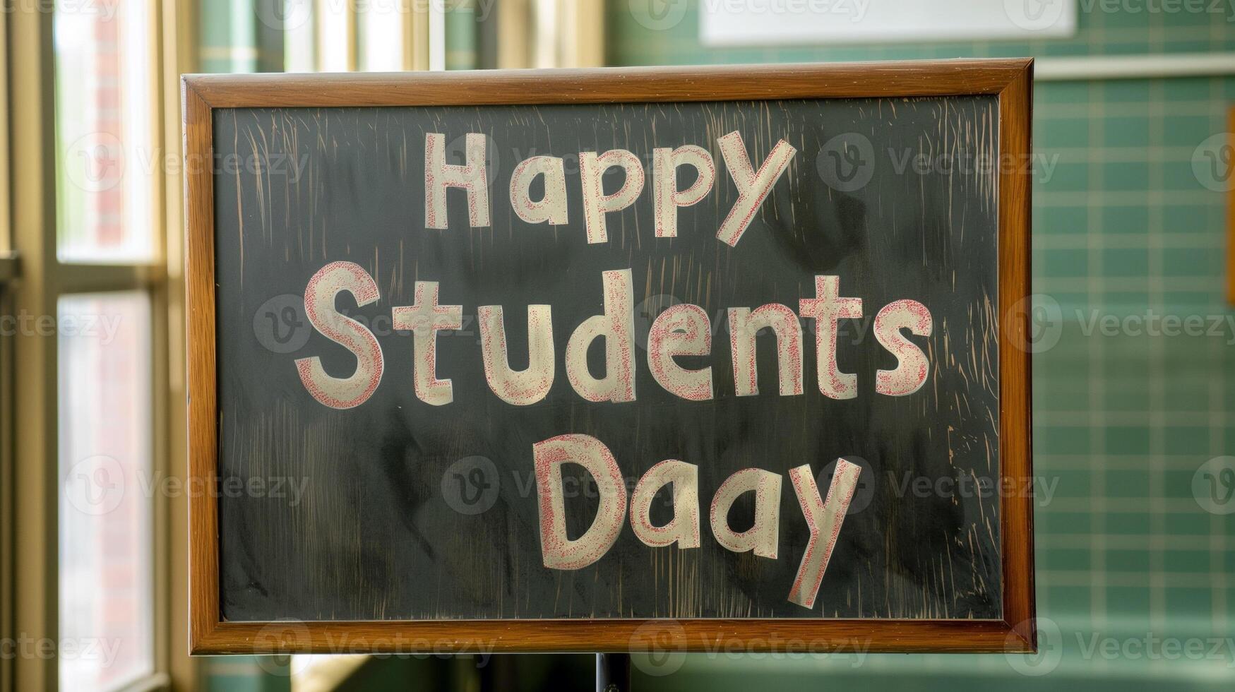 Happy Students Day yellow text on green school board in classroom photo