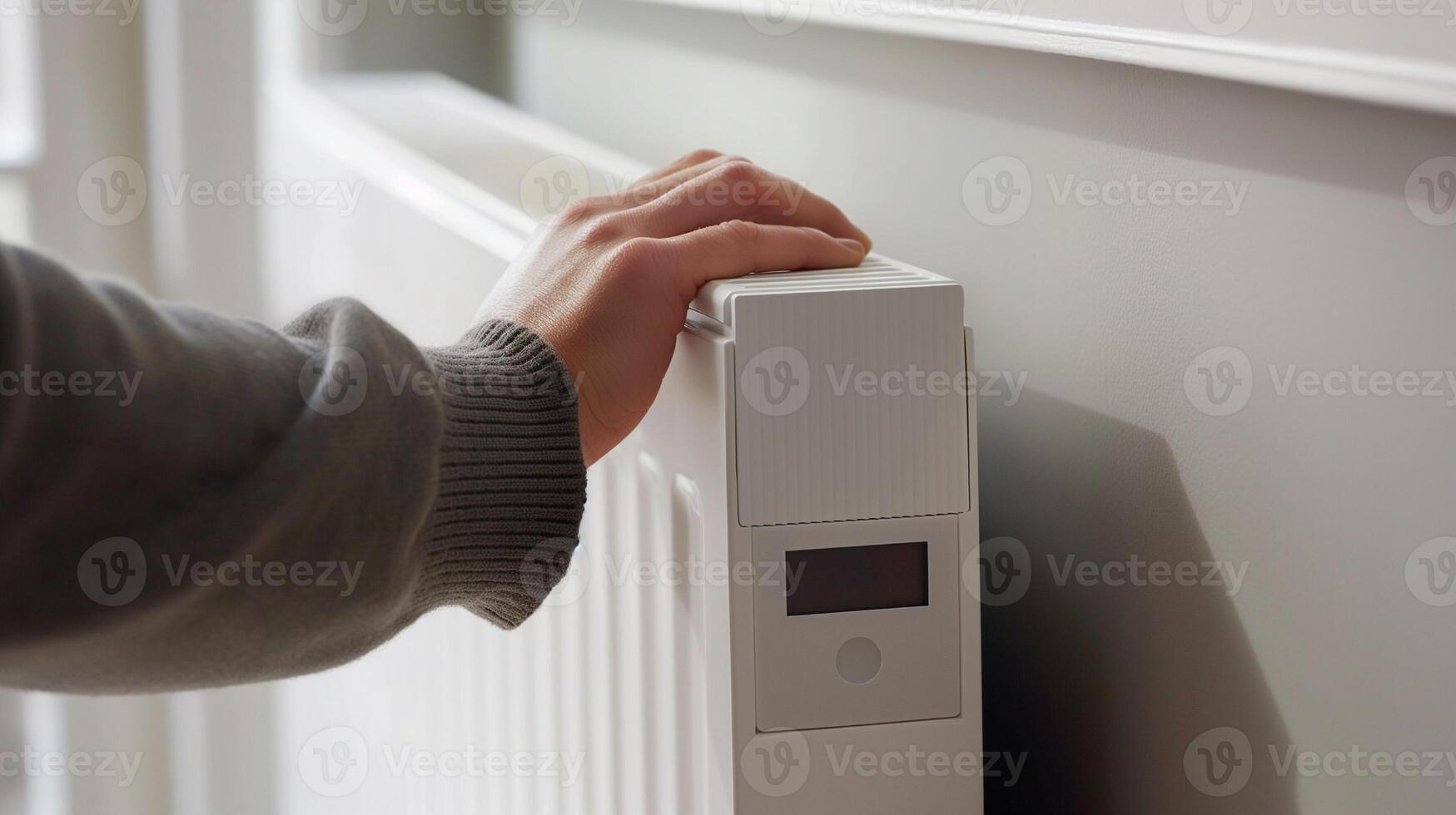 A man's hand sets the temperature control on the narrow side of a white modern heating radiator photo