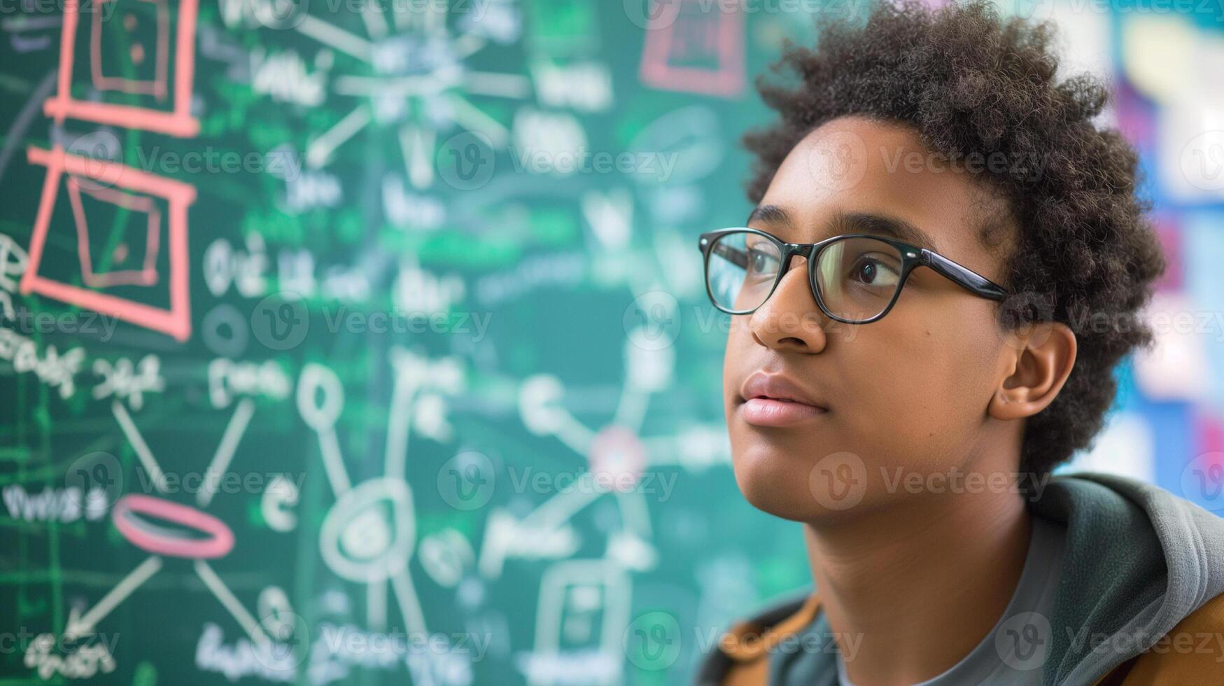 School students solves equation on a class board on a Student Day photo
