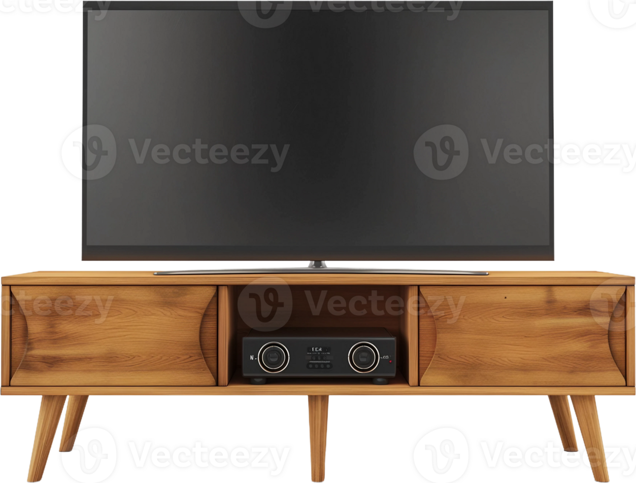 tv stand with wooden legs and a flat screen png