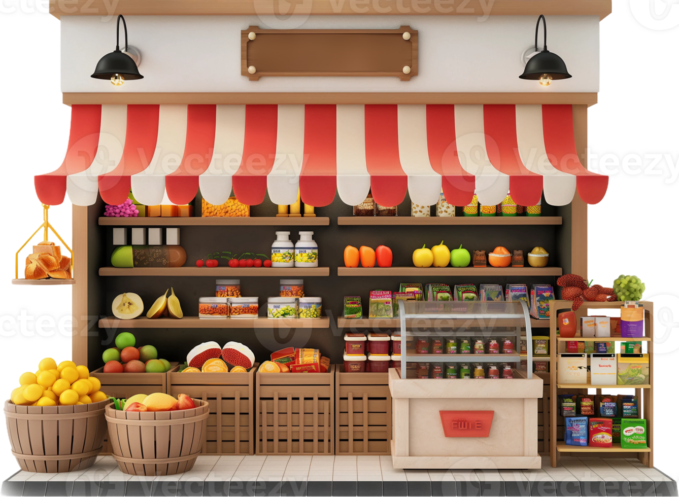 a grocery store with a red and white awning png