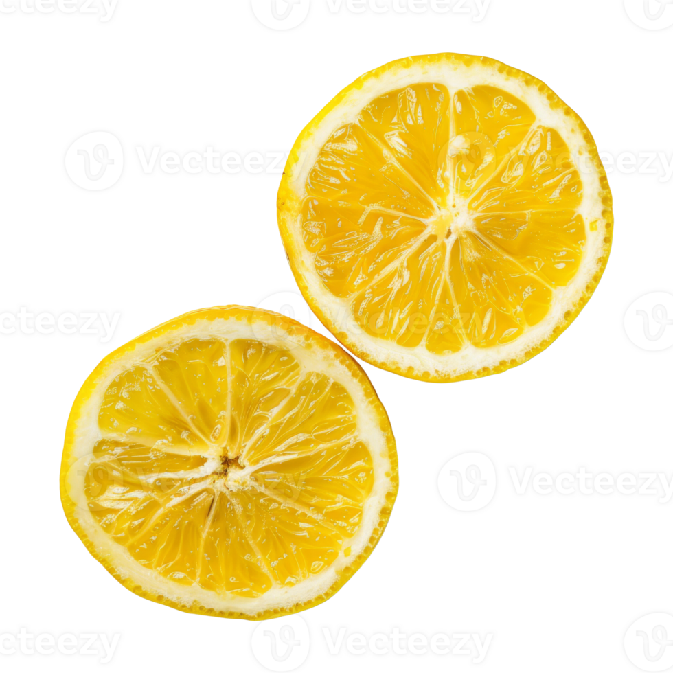 Two halves of a sliced lemon presented side by side on a black background, emphasizing their bright, juicy texture. png