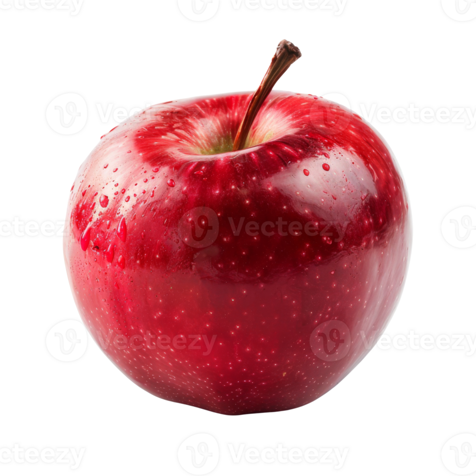 Close-up image of a vibrant red apple with water droplets, isolated on a black background, showcasing freshness and health. png