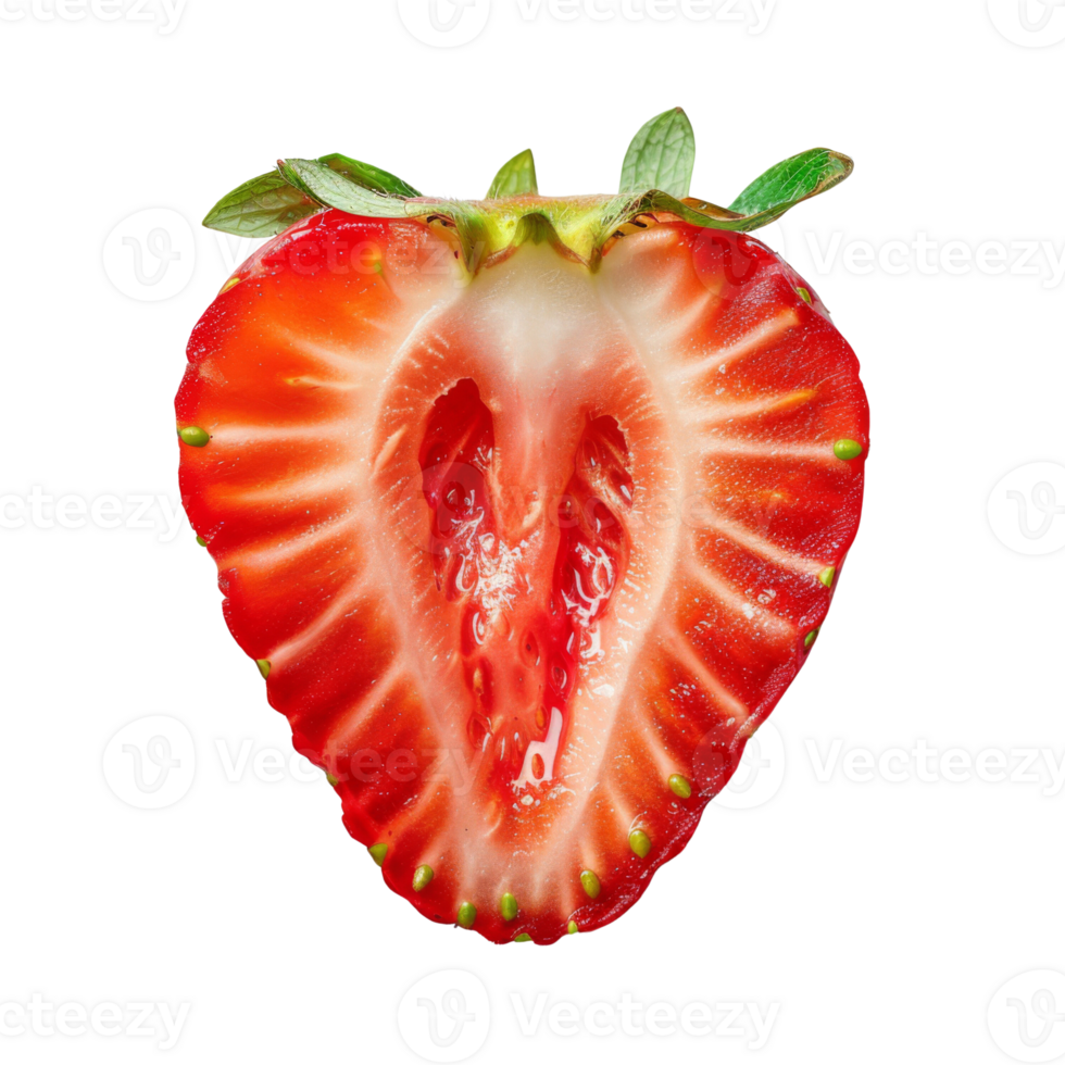 Macro shot of a freshly cut strawberry, showcasing its vibrant red color and juicy texture, presented on a black background. png