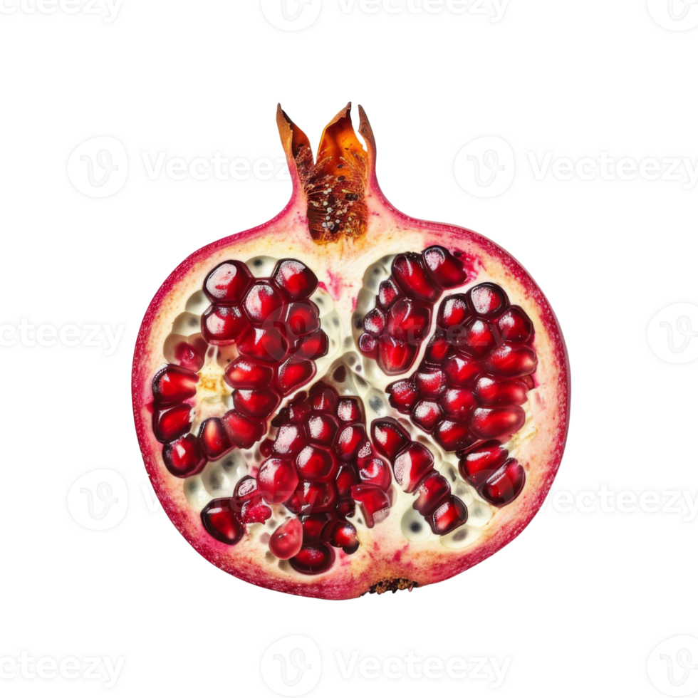 A vivid close-up of a half-cut pomegranate showing its juicy red seeds and intricate internal structure on a black background. png