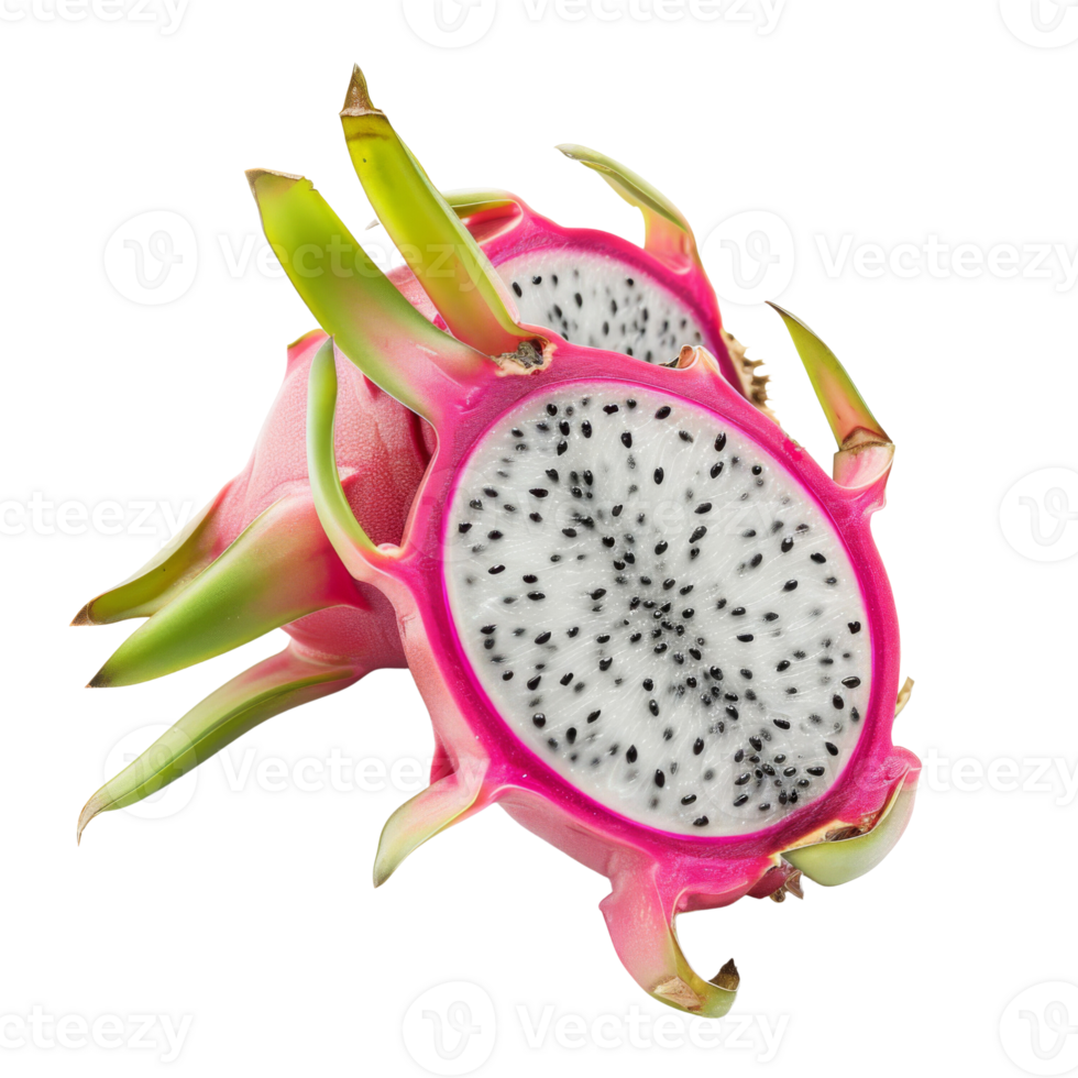 Detailed view of a sliced dragon fruit, displaying its vibrant pink skin and black seeds against a black background. png
