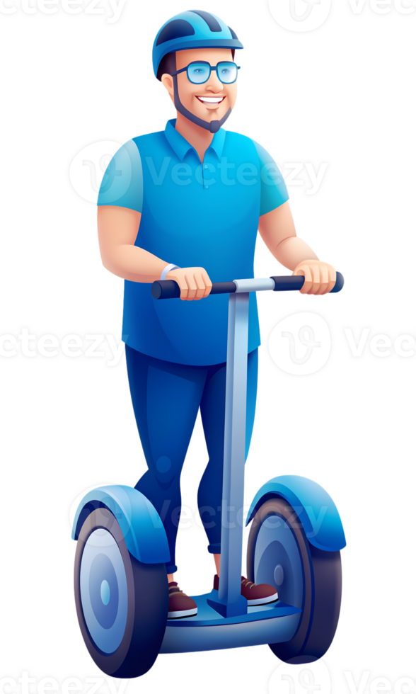 Man in blue riding a scooter with helmet and glasses, smiling and enjoying a ride png