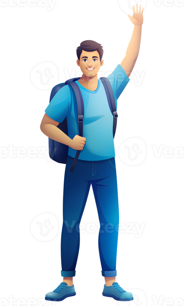 Young man waving, wearing a blue t shirt and jeans with a backpack on one shoulder, standing confidently with a cheerful expression png