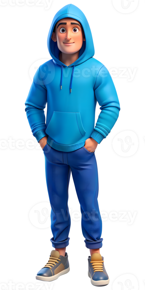 Cartoon man in blue hoodie with hands in pockets png