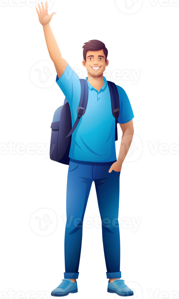 Young man with a small backpack on one shoulder, raising his hand and smiling, wearing casual blue attire png